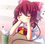  ascot bad_id bad_pixiv_id blush bow brown_hair chin_rest closed_eyes cup detached_sleeves hair_bow hair_tubes hakurei_reimu headphones listening_to_music musical_note shefu smile solo steam table touhou 