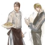  apron blonde_hair brown_eyes brown_hair crossover facial_hair food formal fried_rice goatee highres hirata_hiroaki kaburagi_t_kotetsu male_focus multiple_boys one_piece realistic sanji seiyuu_connection spoon stubble suit tiger_&amp;_bunny utsuki_(fadeout) 