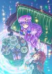  bat_wings bow cake checkerboard_cookie cookie couch crescent cup dress flower food from_above gift hair_bow hair_ribbon hat head_wings highres koakuma long_hair looking_up magic_circle multiple_girls open_mouth patchouli_knowledge purple_eyes purple_hair red_eyes red_hair ribbon shiba_meiji sitting smile tea teacup tiered_tray touhou very_long_hair wings 