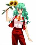  alternate_hairstyle ascot breasts flower green_hair kazami_yuuka kazami_yuuka_(pc-98) long_hair medium_breasts pants plaid plaid_pants plaid_vest red_eyes shirt simple_background smile solo sunflower touhou touhou_(pc-98) vest white_background yamada_3 