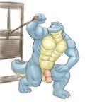  alligator balls blue blue_body flaccid male mudwolfy muscles penis peri reptile scalie solo sweat vein veins weightlifting weights 