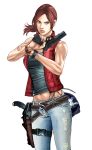  1girl bag bare_shoulders belt black_tank_top blue_eyes brown_hair claire_redfield closed_mouth denim gun holding holding_gun holding_weapon holster jeans knife looking_back midriff naoki_serizawa navel pants ponytail red_vest resident_evil ripped_jeans sleeveless solo standing vest watch weapon 