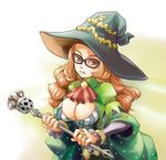  breasts brown_eyes brown_hair cleavage cravat curly_hair glasses grand_knights_history hat jewelry large_breasts long_hair muse_cromwell ring rori_chuushin scepter solo witch_hat 