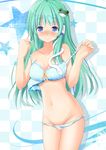  blue_eyes blush bra breasts frog green_hair groin hair_ornament kochiya_sanae lingerie long_hair looking_at_viewer medium_breasts panties panty_pull rinku smile snake solo star touhou underwear underwear_only undressing 