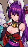  1boy 1girl alcohol animal_ears bottle breasts christmas cleavage cup drinking_glass eyebrows_visible_through_hair fox_ears hei_niao high_heels kitsune large_breasts monster_strike purple_hair red_footwear smile table tagme tail thighhighs wine wine_bottle wine_glass yellow_eyes 