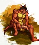  anthro balls big-red_(character) big_balls big_penis buff color erection hair hindpaw horn looking_at_viewer male masturbation muscles nude paws penis pinup pose precum sitting solo spikes suck_mcjones tail tattoo 