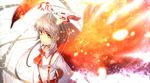  ascot bow eho_(icbm) fiery_wings fire fujiwara_no_mokou hair_bow long_hair looking_at_viewer pants red_eyes ribbon silver_hair solo suspenders touhou wings 