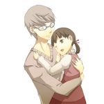  1girl aquariumtama brown_eyes brown_hair closed_eyes doujima_nanako glasses grey_hair hair_ribbon hug narukami_yuu one_eye_closed persona persona_4 ribbon 