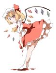  ascot bare_legs blonde_hair blood flandre_scarlet frilled_skirt frills hat kotatu_(akaki01aoki00) leaning_forward looking_down medium_skirt red_eyes red_skirt short_hair side_ponytail simple_background skirt skirt_set socks solo touhou white_background wings 