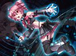  ahoge bare_shoulders black_legwear boots caffein drill_hair highres kasane_teto microphone midriff open_mouth pink_hair red_eyes solo thighhighs twin_drills twintails utau zoom_layer 