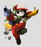  absurdres aiming android baseball_cap doukutsu_monogatari dual_wielding gloves handcannon hat highres holding jetpack male_focus one_eye_closed quote robot_ears rocket_launcher solo weapon white_skin 
