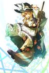  apron black_skirt blonde_hair boots braid broom dress eho_(icbm) fingerless_gloves frilled_skirt frills gloves hand_on_headwear hat kirisame_marisa long_hair medium_skirt open_mouth ribbon skirt skirt_set solo star touhou waist_apron witch_hat yellow_eyes 