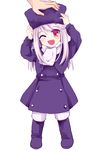  boots fang fate/stay_night fate_(series) full_body hat highres illyasviel_von_einzbern no_nose one_eye_closed out_of_frame petting purple_footwear purple_hat red_eyes silver_hair simple_background solo_focus tanada white_background white_hair winter_clothes younger 