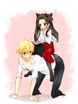  1girl black_eyes black_hair blonde_hair bracelet child fate/stay_night fate/zero fate_(series) gilgamesh haine_(howling) hair_ribbon jewelry long_hair necklace pantyhose red_eyes ribbon riding toosaka_rin twintails younger 
