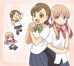  blue_eyes blue_skirt bow brown_eyes brown_hair inazuma_eleven_(series) inazuma_eleven_ares_no_tenbin long_hair mikado_anna multiple_girls ootani_tsukushi penkon pink_hair pleated_skirt school_uniform shirt short_hair short_sleeves skirt 