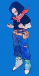  android_17 belt black_hair black_shirt blue_background blue_eyes blue_pants clenched_hands denim dragon_ball dragon_ball_z full_body highres jeans long_sleeves looking_at_viewer medium_hair pants red_scarf scarf shirt shoes short_sleeves simple_background smile solo torn_clothes torn_jeans torn_pants uzuta 