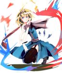  alice_margatroid black_legwear blonde_hair blue_eyes boots cape garters hairband ribbon short_hair side_slit solo squatting tatwuku thighhighs touhou wrist_cuffs 