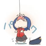  beret biting black_skirt blue_hair chibi dekasudachin fishing fishing_hook fishing_line fishing_lure food hanging hat hat_removed headwear_removed jiangshi meat medium_skirt miyako_yoshika ofuda outstretched_arms shirt skirt solo struggling touhou zombie_pose 