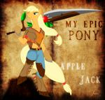  anthrofied applejack_(mlp) blonde_hair boots breasts cowboy_hat english_text equine female freckles friendship_is_magic hair hat horse mammal my_epic_pony my_little_pony navel pony ryuukiba solo sword tail text weapon 