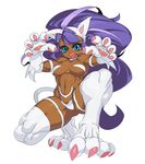  abs ahoge alternate_color alternate_hair_color animal_ears bare_shoulders big_hair blue_eyes breasts cat_ears cat_tail dark_skin felicia fur hairband jill_besson_(vordandan) long_hair medium_breasts muscle muscular_female navel open_mouth paws purple_hair slit_pupils solo tail vampire_(game) very_long_hair white_background 