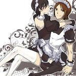  apron black_hair blush brown_hair crossdressing frills kurosu_jun lap looking_at_viewer maid maid_apron maid_headdress male_focus md5_mismatch multiple_boys otoko_no_ko persona persona_2 puffy_short_sleeves puffy_sleeves ribbon shadow33 short_hair short_sleeves smile suou_tatsuya thighhighs uniform waist_apron wrist_cuffs yaoi 