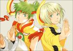  blonde_hair bruce_lee's_jumpsuit chinese_clothes detached_sleeves dragon_kid dual_persona fighting_stance green_eyes green_hair hat huang_baoling lplp_taira multiple_girls short_hair superhero tiger_&amp;_bunny 