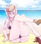  barefoot beach bikini black_bikini blue_eyes blush cardfight!!_vanguard day hat higata_akatsuki legs ocean shoes single_shoe sitting solo summer sweat swimsuit tokura_misaki 