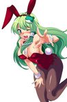  animal_ears bow bowtie breasts bunny_ears bunny_tail bunnysuit cleavage detached_collar frog green_eyes green_hair highres kochiya_sanae large_breasts long_hair one_eye_closed pantyhose saipin snake solo tail touhou wrist_cuffs 