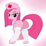  butt cutie_mark equine female feral friendship_is_magic hair hat horse legwear long_hair looking_at_viewer looking_back mammal my_little_pony nurse pink_hair pink_theme pinkamena_(mlp) pinkie_pie_(mlp) pony pyruvate solo stockings straight_hair tail 