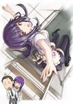  1girl :d :p arm_up black_legwear chibi chibi_inset from_above ladder long_hair looking_at_viewer looking_up open_mouth otoo_hyougo purple_eyes purple_hair smile tea_(nakenashi) thighhighs tongue tongue_out waitress working!! yamada_aoi 