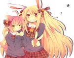  animal_ears bad_id bad_pixiv_id blush bow bunny_ears cat_ears hair_bow long_hair matsusaka_gyuu multiple_girls original school_uniform v 