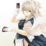  apron bad_id bad_pixiv_id blue_eyes card gloves grin holding holding_card izayoi_sakuya maid maid_headdress ribbon roten_(rotenburo) short_hair silver_hair smile solo touhou upper_body white_gloves yuu-gi-ou yuu-gi-ou_duel_monsters 