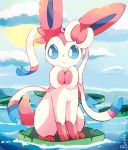  afloat artist_name blue_eyes blue_sclera bow cloud commentary english_commentary lily_pad looking_to_the_side no_humans outdoors pokemon pokemon_(creature) purpleninfy ribbon sitting sky sun sylveon water 