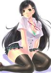  bad_id bad_pixiv_id black_hair black_legwear blush bra breasts brown_hair cleavage docoi green_bra green_panties hair_ornament hairclip lingerie long_hair looking_at_viewer medium_breasts original panties ribbon school_uniform simple_background sitting solo thighhighs underwear yokozuwari 