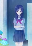  alternate_costume bag black_skirt blue_hair bookbag brown_eyes flower hydrangea idolmaster idolmaster_(classic) kisaragi_chihaya long_hair miniskirt nekota_chihiro pleated_skirt rain school_uniform serafuku skirt solo wristband 