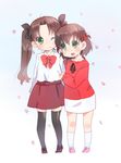  bad_id bad_pixiv_id black_legwear blush bow brown_hair fate/zero fate_(series) green_eyes hair_bobbles hair_ornament hair_ribbon long_hair matou_sakura miniskirt multiple_girls one_eye_closed open_mouth pencil_skirt petals red_skirt ribbon short_hair siblings sisters skirt sunameri_oishii thighhighs toosaka_rin toosaka_sakura twintails white_skirt younger zettai_ryouiki 