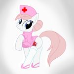  butt clothing cutie_mark dress equine female feral friendship_is_magic fur hair hat horse legwear looking_at_viewer mammal my_little_pony nurse nurse_hat nurse_redheart_(mlp) pink_hair plain_background pony pyruvate short_dress solo stockings tail white_background white_fur 