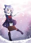  alternate_costume bag bare_tree blue_eyes blue_hair boots bow cirno earmuffs hair_bow kneehighs looking_at_viewer mauve mittens open_mouth scarf school_bag school_uniform serafuku smile snow snowing solo touhou tree wings 