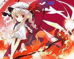  ascot bad_id bad_pixiv_id blonde_hair fire flandre_scarlet hat k_(li) long_hair red_eyes ribbon smile solo touhou upper_body v_arms weapon wings 