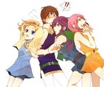  1boy 3girls arms_behind arms_behind_back arms_behind_head arms_up bare_shoulders belt blonde_hair blue_eyes blush brown_hair butz_klauser cape dress faris_scherwiz female final_fantasy final_fantasy_v green_eyes harem jacket krile_mayer_baldesion legatouga lenna_charlotte_tycoon long_hair male multiple_girls open_mouth pants pink_hair pixiv_manga_sample ponytail purple_hair short_hair sweatdrop wristband 