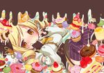  beret blonde_hair blush breasts cake candy chocolate chocolate_doughnut corset cupcake detached_sleeves doughnut drill_hair fingerless_gloves food fruit gloves hat heart igaiga jelly_bean lying macaron mahou_shoujo_madoka_magica medium_breasts miniskirt purple_legwear skirt slice_of_cake solo sprinkles strawberry strawberry_shortcake striped striped_legwear tears thighhighs tomoe_mami twin_drills twintails vertical-striped_legwear vertical_stripes yellow_eyes yellow_skirt 