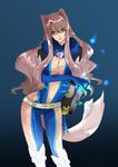  bad_id bad_pixiv_id belt book breasts brown_eyes brown_hair center_opening cleavage fur_trim glasses gloves hair_intakes highres large_breasts long_hair loose_belt midriff moza navel presa_(tales) skin_tight smile solo tail tales_of_(series) tales_of_xillia 