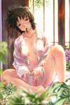  barefoot black_hair blurry book coffee depth_of_field duplicate feet flower lens_flare maggie_mui messy_hair mouth_hold naked_shirt nightshirt non-web_source open_clothes open_shirt r.o.d_the_tv read_or_die red_eyes shirt sitting solo spread_legs uon_taraku window 
