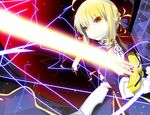  absurdres ahoge armor armored_dress artoria_pendragon_(all) bad_id bad_pixiv_id blonde_hair brown_eyes dress excalibur fate/stay_night fate_(series) gauntlets glowing glowing_sword glowing_weapon hair_ribbon highres ribbon saber senya_fuurin solo sword weapon 