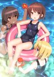  barefoot blonde_hair blue_eyes brown_eyes brown_hair caustics dark_skin feet grin innertube long_hair multiple_girls octopus okina_ika one-piece_swimsuit original partially_submerged red_eyes school_swimsuit short_hair smile spread_toes starfish swimsuit water wet 