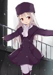  bad_id bad_pixiv_id boots fate/zero fate_(series) fur_hat hat illyasviel_von_einzbern jacket long_hair looking_away open_mouth outstretched_arms purple_hat red_eyes scarf snow soburi solo spread_arms white_hair white_scarf 