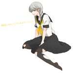  black_legwear black_skirt braid genderswap genderswap_(mtf) grey_eyes grey_hair hair_over_shoulder highres medium_skirt narukami_yuu pantyhose persona persona_4 pleated_skirt school_uniform serafuku skirt solo sushi_(artist) torn_clothes torn_legwear twin_braids 