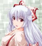  bow breasts cleavage face fujiwara_no_mokou hair_between_eyes hair_bow head_tilt large_breasts long_hair looking_at_viewer nori_tamago open_mouth red_eyes silver_hair simple_background smile solo suspenders touhou upper_body very_long_hair 