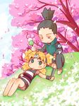  awa_(ignorantremark) black_hair blonde_hair cherry_blossoms chibi dango fishnets flak_jacket food green_eyes lying nara_shikamaru naruto on_back quad_tails sitting tegaki temari vest wagashi 