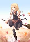  autumn_leaves blonde_hair broom broom_riding fal_maro highres kirisame_marisa long_hair no_hat no_headwear sidesaddle smile solo touhou wild_and_horned_hermit yellow_eyes 